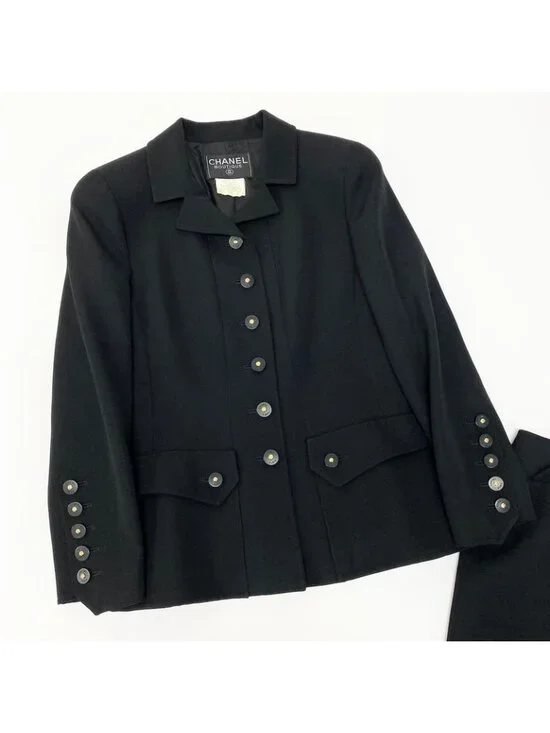 Chanel C Vintage Skirt Set Tailored Jacket 40 Black Silk - Picture 3 of 11
